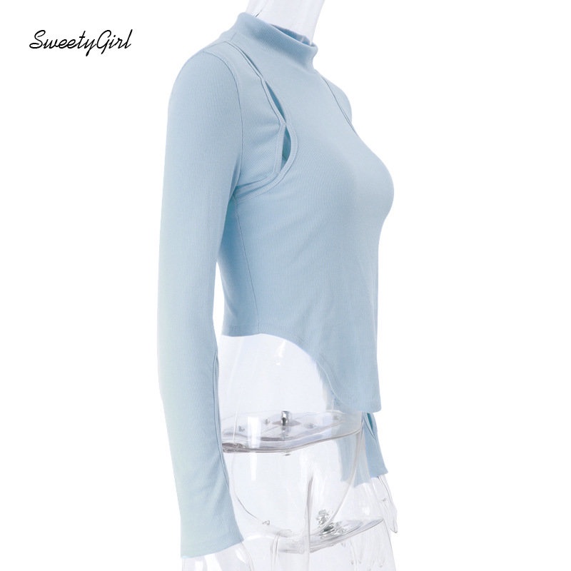 Áo Thun Tay Dài Cổ Lọ Dáng Ôm Màu Trơn Khoét Lỗ Thời Trang 2022 Cho Nữ