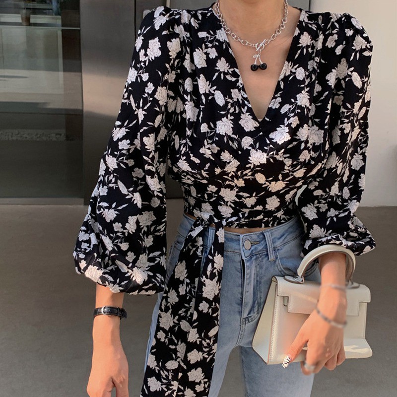 Women's Floral Print V Neck Sexy Lace Exposed Navel Long Sleeves Chiffon Shirts | BigBuy360 - bigbuy360.vn