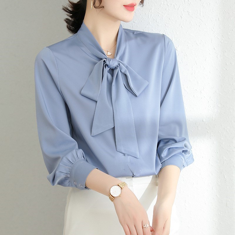 Áo Sơ Mi Kiểu Công Sở Đẹp CHIPY Tay Dài Cổ Thắt Nơ Màu Xanh Chất Lụa Cao Cấp From Rộng Hàn Quốc Ulzzang Vintage A1X | BigBuy360 - bigbuy360.vn