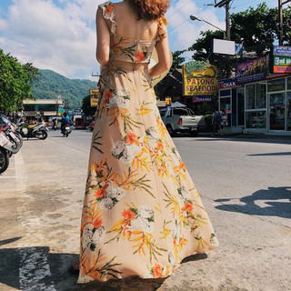 [HOT]Đầm maxi hoa cột eo xẻ tà[HIT]