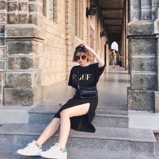 [Hình thật] Chân váy midi xẻ tà màu đen