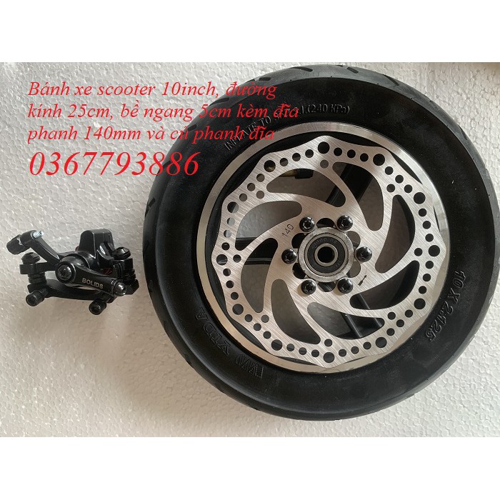 Bánh xe scooter 10ich kèm phanh đĩa 140mm và củ phanh đĩa chế xe điện