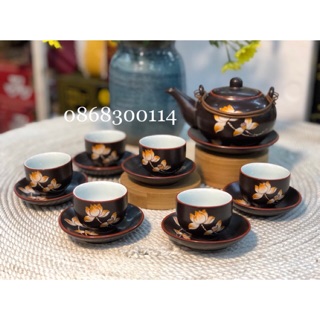 Bộ ấm trà quai đồng khắc hoa sen Bát Tràng