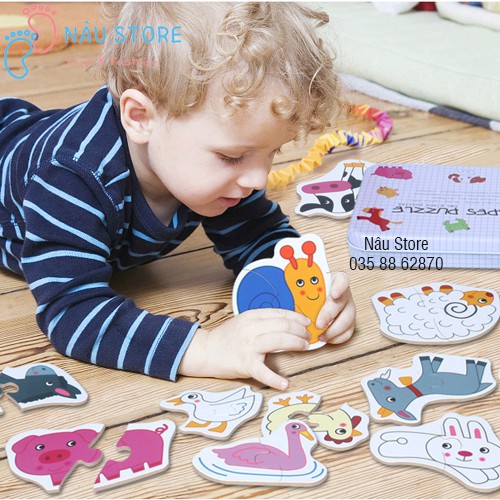 [ẢNH THẬT] Đồ Chơi Gỗ Shape Puzzle Ghép Hình Con Vật 2 Mảnh Hộp Sắt Ghép Hình Đơn Giản Cho Bé 18 Tháng Tuổi