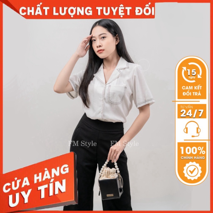 Áo sơ mi nữ FM Style kiểu công sở form rộng tay ngắn vải cotton cao cấp họa tiết chỉ nổi ulzzang 21052230 - Hàng nhập kh