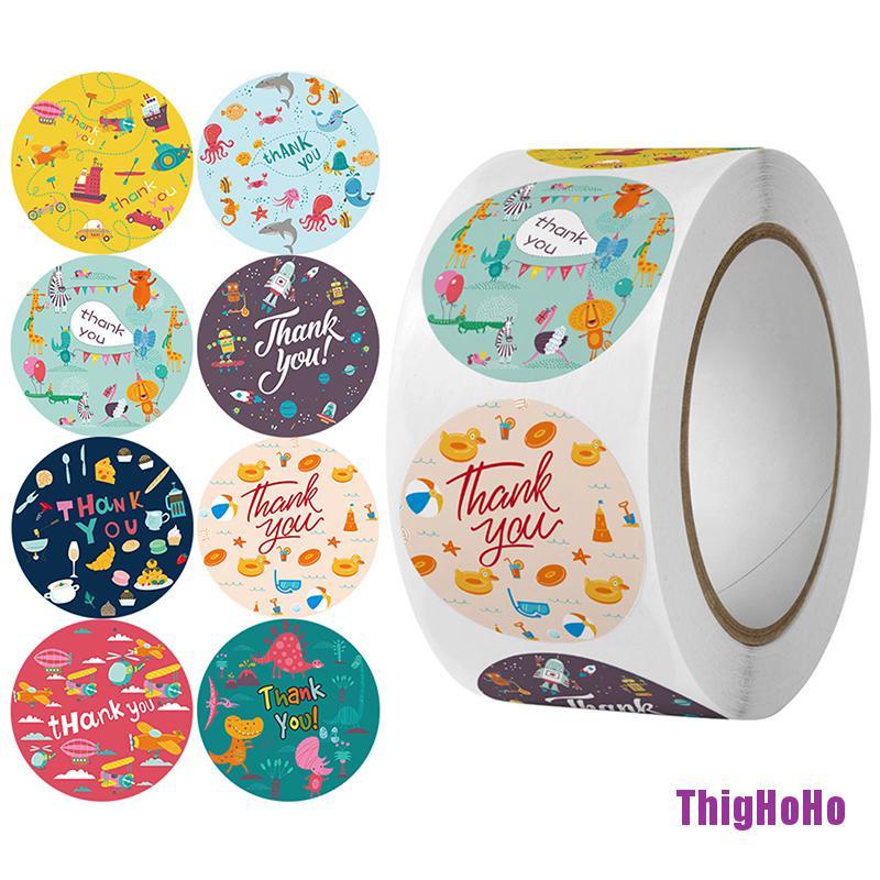 Cuộn 500 miếng dán hình tròn họa tiết hoạt hình và chữ Thank You tùy chọn dùng trang trí