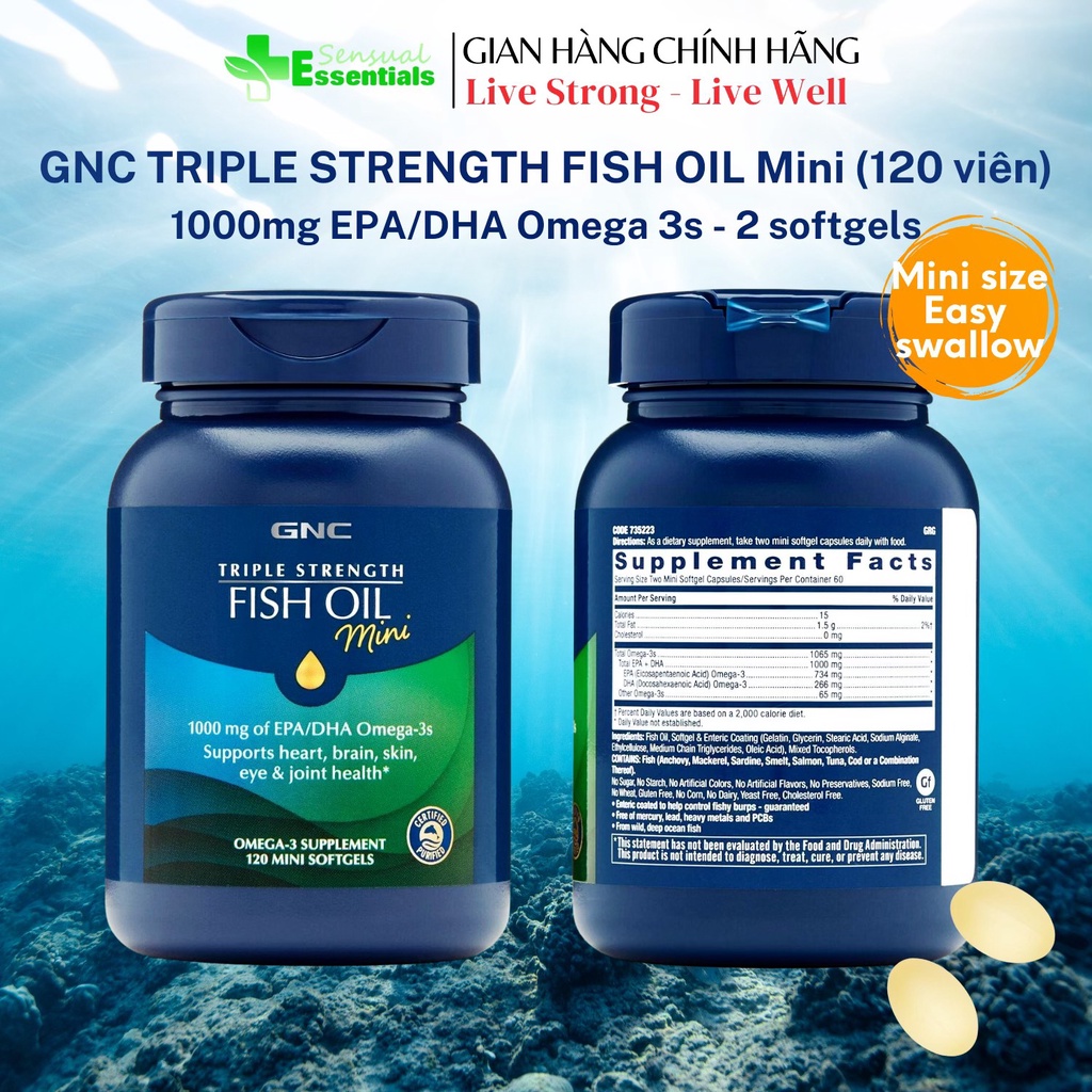 [Chính Hãng]GNC Triple Strength Fish oil mini 1000mg Omega3s Dầu cá hỗ trợ tim mạch, não, mắt, da và