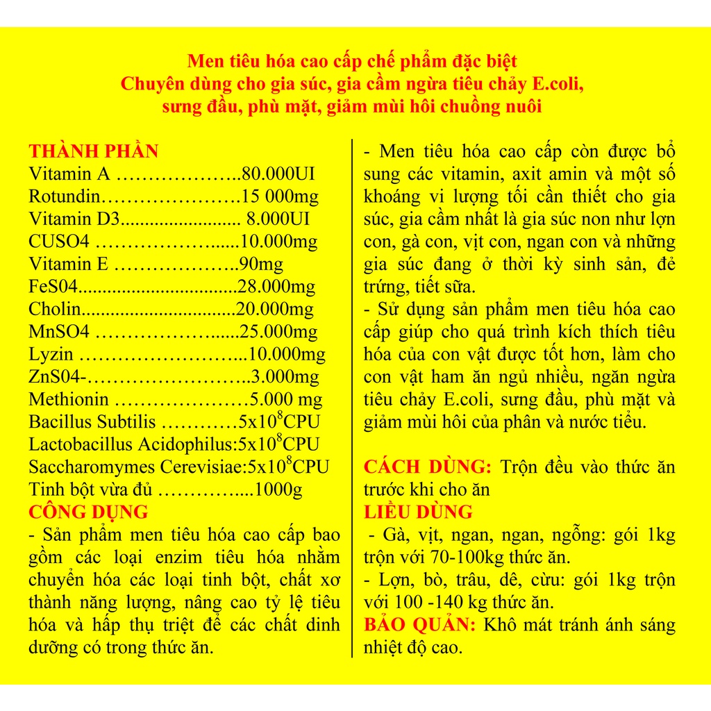 500g Men tiêu hóa cao cấp chuyên dùng cho gia súc, gia cầm, trâu, bò, dê, cừu, gà chọi, gà đá, chim cảnh
