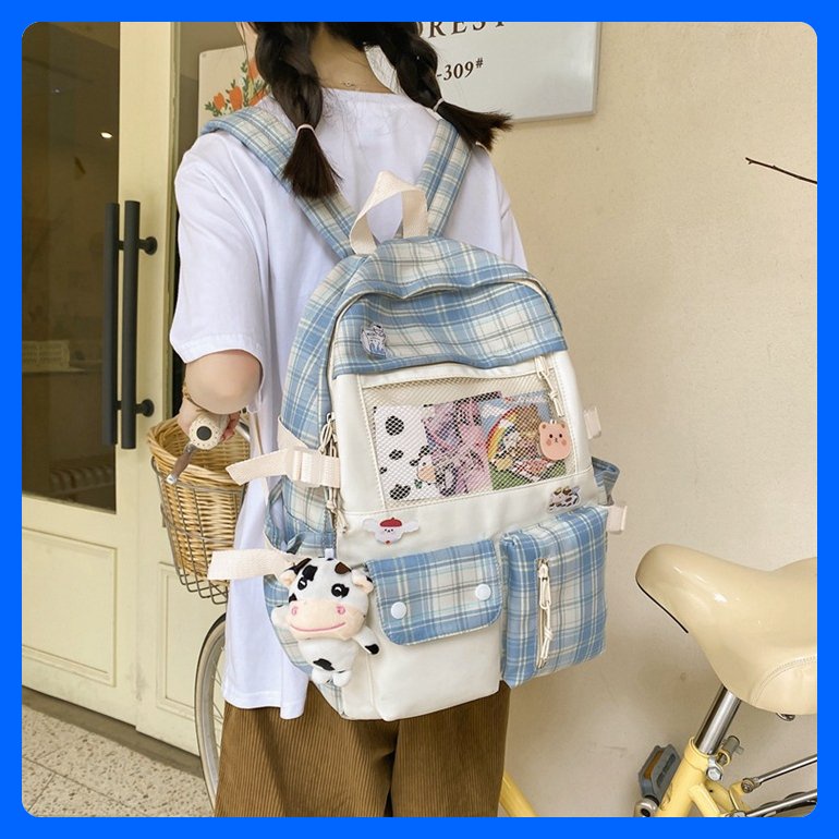 Cặp sách học sinh nữ đẹp rẻ vải CARO bền bỉ kèm ngăn lưới cá tính đi học nhiều ngăn đa năng thời trang