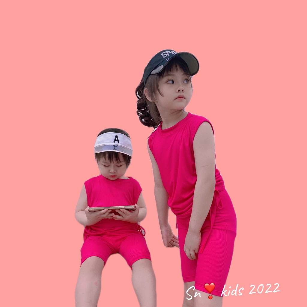 Bộ hè bé gái, bộ tăm lạnh mềm mát áo sát nách rút dây hông kèm quần lửng cho bé