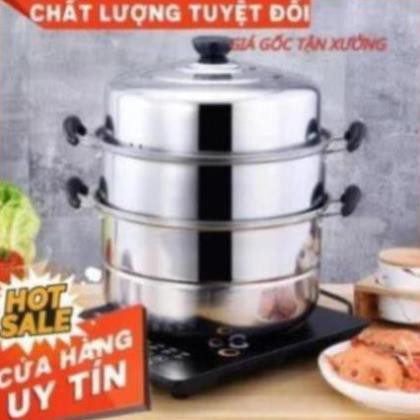 Nồi hấp xửng hấp 3 tầng hấp gà xôi bánh bao chất liệu inox cao cấp size 28cm dùng được bếp từ