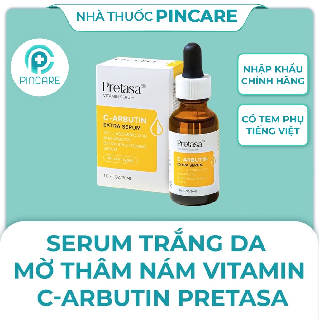 Serum dưỡng trắng sáng da Pretasa Vitamin C + Arbutin Brightening 30ml (VÀNG) - Hàng Chính Hãng - Nhà Thuốc PinCare