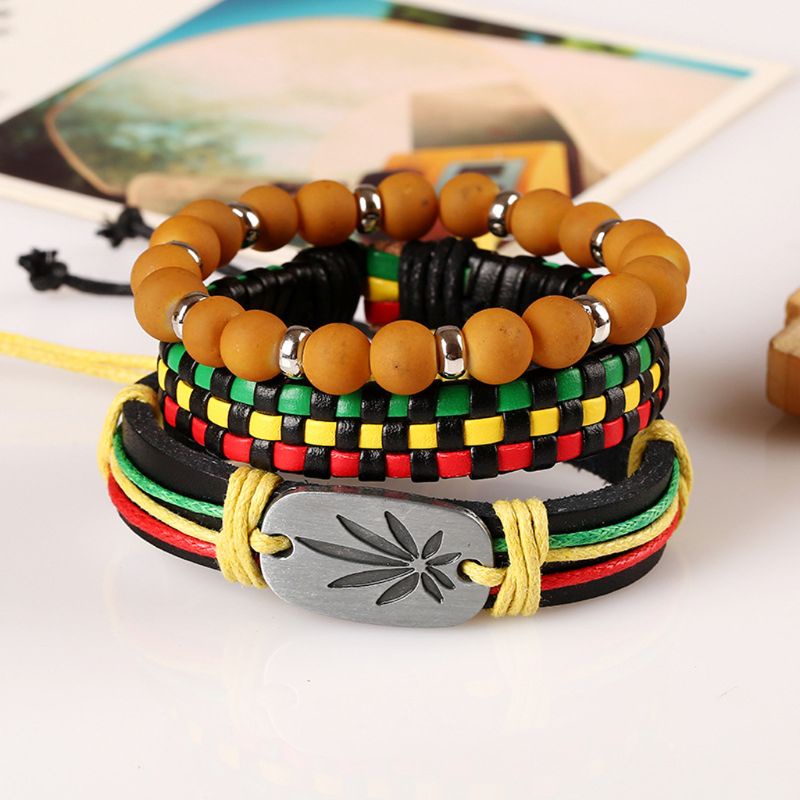 Bộ 3 Vòng Tay Bện Dây Da Đính Hạt Jamaica Đơn Giản Trang Sức Rasta Reggae Gi