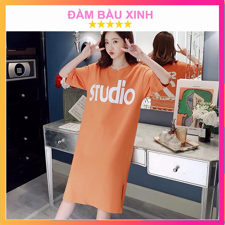 Đầm bầu phông cotton họa tiết Stu23 tay lỡ váy bầu suông dáng dài chất co dãn hàng VNXK