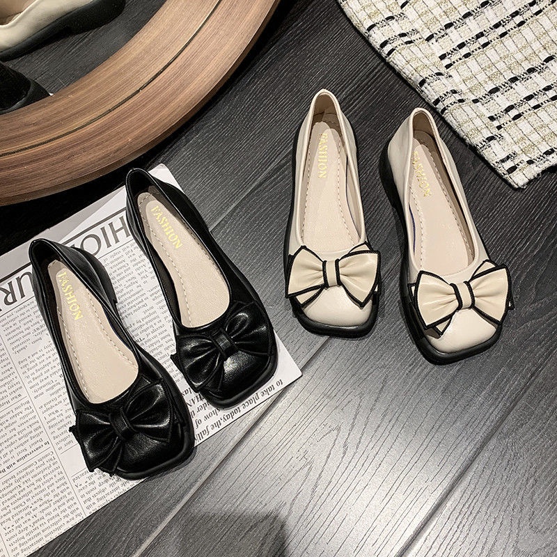 Giày Búp Bê Da Mũi Vuông Đính Nơ Phong Cách Retro Cho Nữ