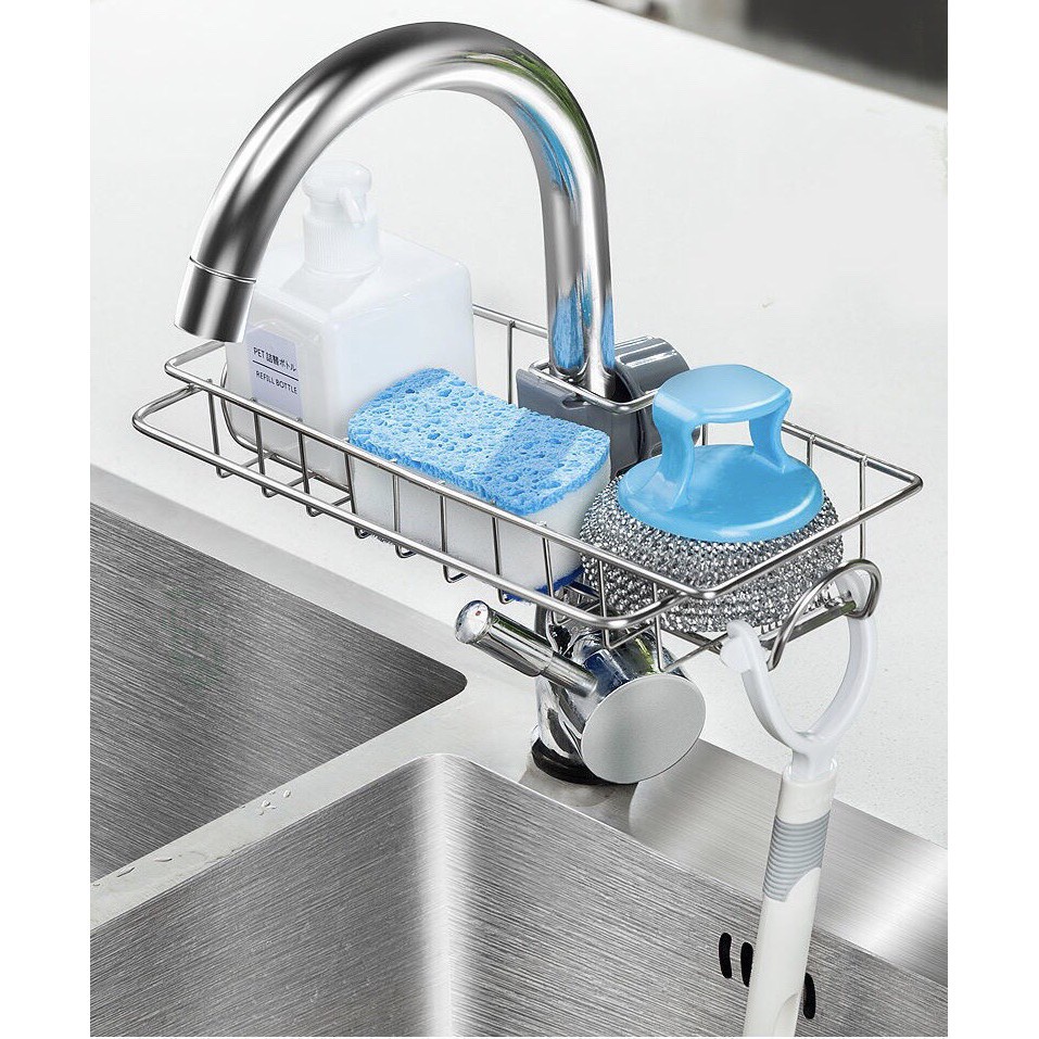Kệ inox để đồ rửa chén gắn vòi nước tiện lợi - Khay đựng xà phòng nhà bếp, phòng tắm thông minh KV19