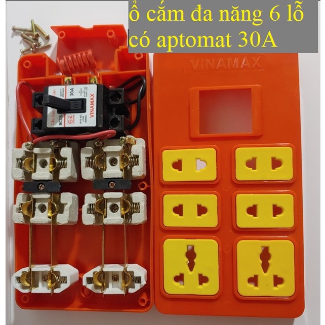 Ổ Cắm Điện 6 lỗ Lõi Sứ Chịu Tải Vinamax Kèm APTOMAT 30A