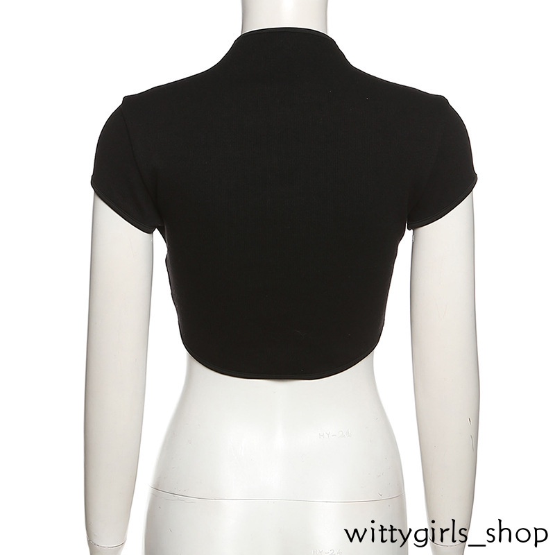 Wittygirls-áo Thun Crop Top Tay Ngắn Cổ Đứng Ôm Dáng Thiết Kế Rỗng Cài Khóa Phong Cách Trung Hoa