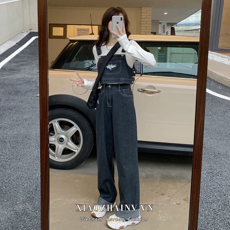 ✆✟Set Áo Thun Ngắn Tay + Quần Yếm Jean Lưng Cao Thời Trang Nữ