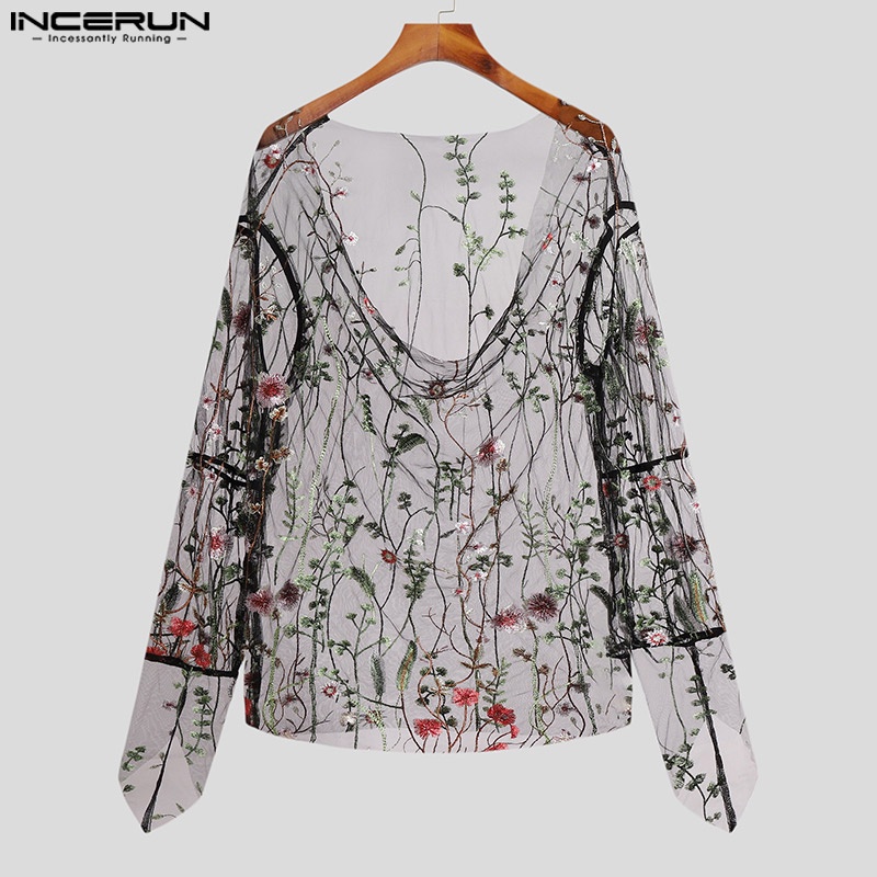 Áo thun INCERUN tay dài phối lưới xuyên thấu thêu hoa quyến rũ cho nam