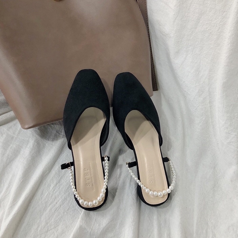 Sandal búp bê da lộn quai ngọc trắng sang trọng đế êm cao 2-3 phân