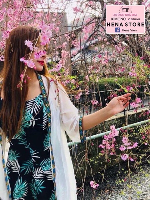 Áo Kimono Viền Thổ Cẩm Trắng Đen