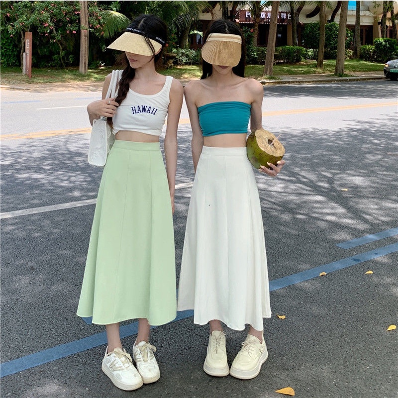 Chân váy eo cao dài trung bình màu trơn dáng chữ A