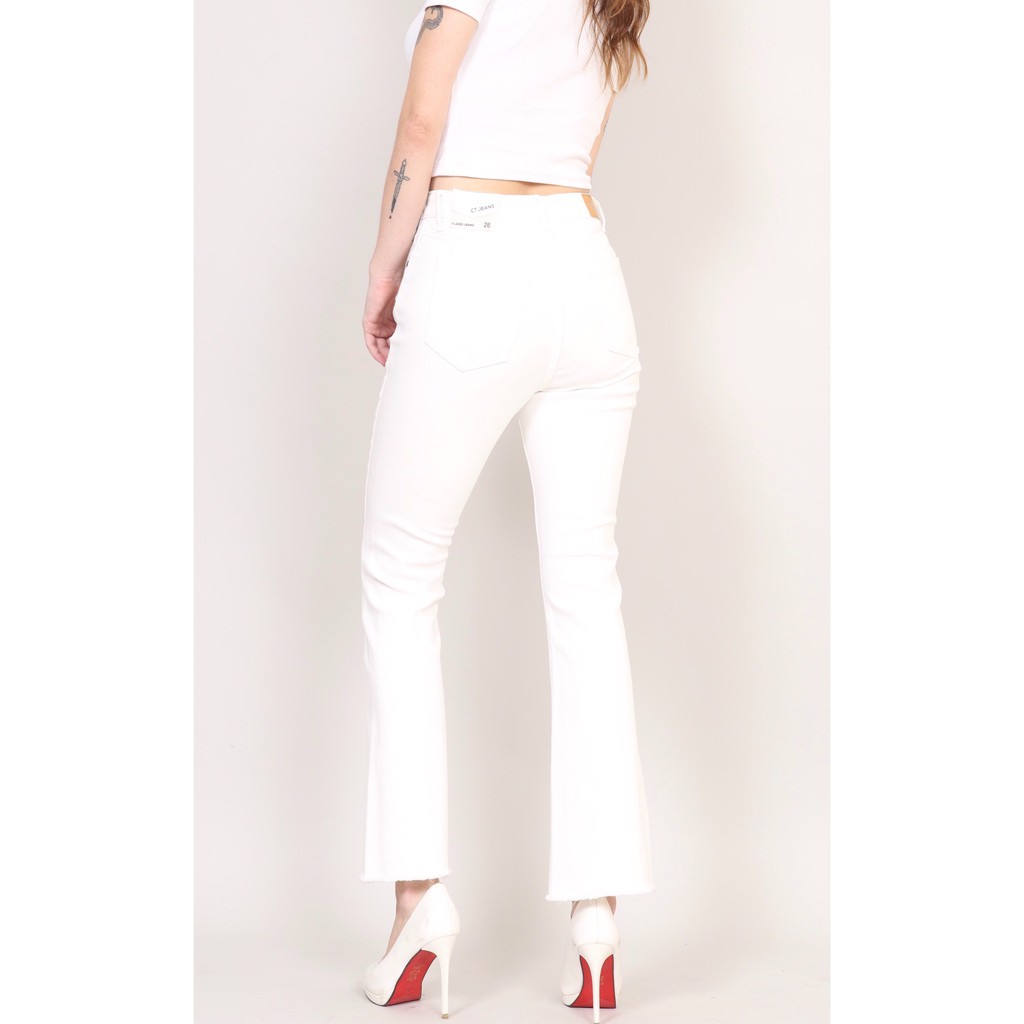 Quần Jeans Nữ Ống Loe Cạp Cao Co Giãn Đen Trắng Trơn Gấu Tua CT Jeans | BigBuy360 - bigbuy360.vn