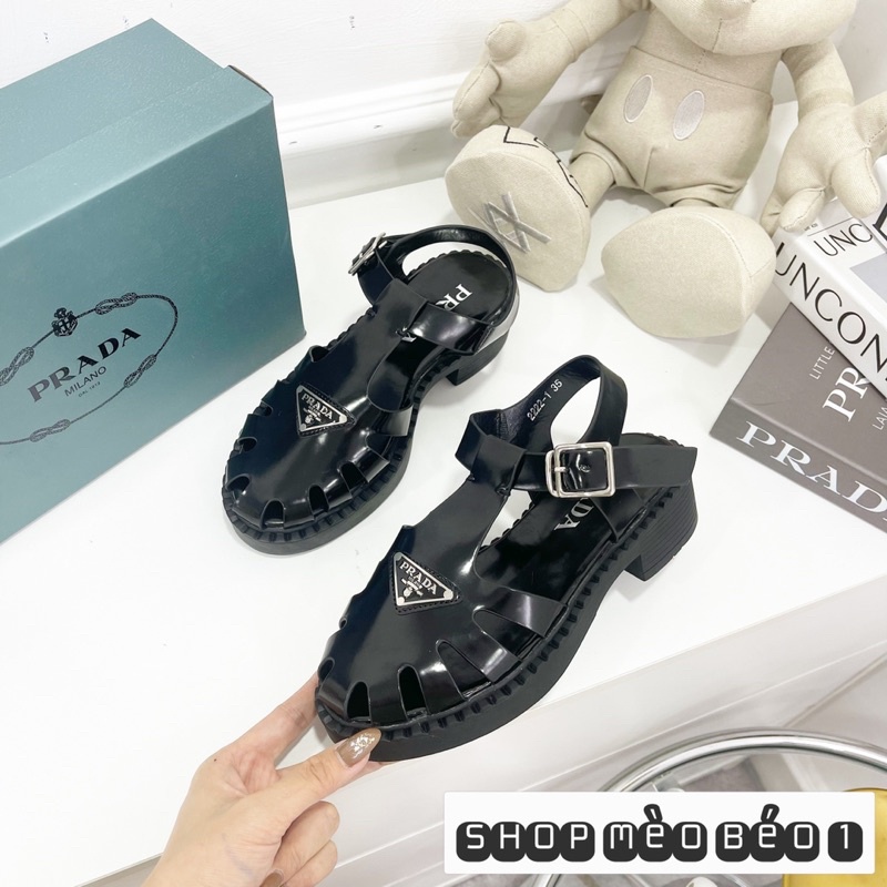 Sandal prd giọ da bóng gót vuông fullbox