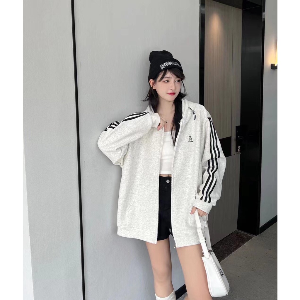 Áo khoác nỉ ngoại 3 sọc thêu 35 unisex [FREESHIP] Khoát hoodie zip form rộng tay bồng kiểu dáng thể thao peonyb ulzzang