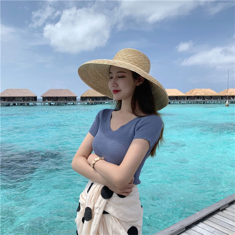 Áo Croptop Dệt Kim Tay Ngắn Cổ Chữ V Màu Sắc Thanh Lịch