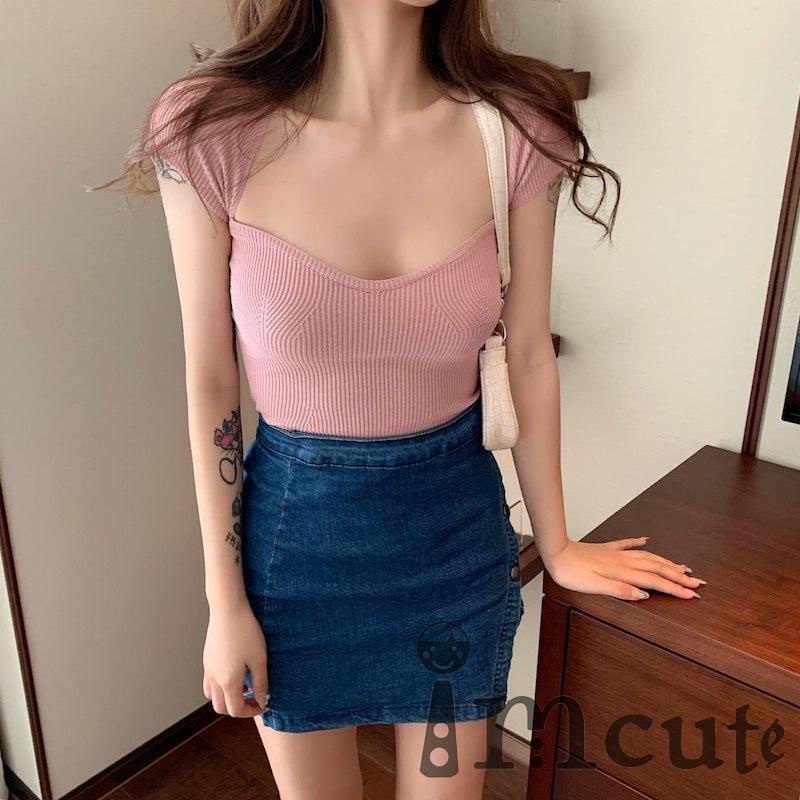 Áo Thun Dệt Kim Tay Ngắn Màu Sắc Đơn Giản Thời Trang Mùa Hè Quyến Rũ Cho Nữ