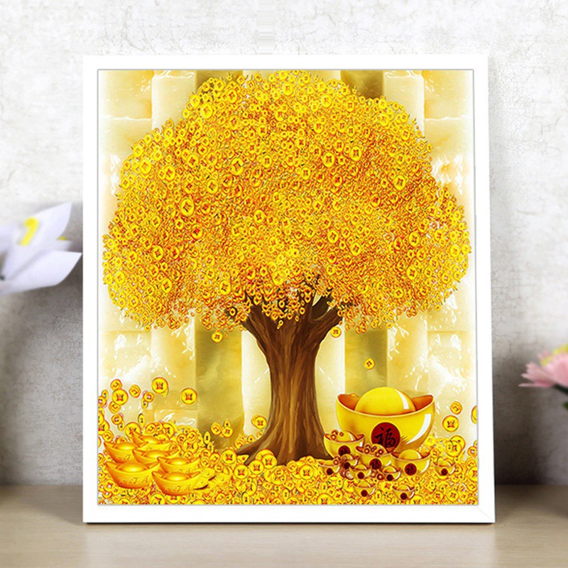 Bộ phụ kiện làm tranh đính đá hình cây thần tài DIY độc đáo kích thước 30x40cm