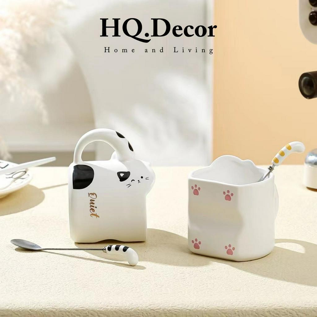 Cốc sứ ly sứ hình mèo cao cấp đáng yêu màu trắng có quai kèm thìa chịu nhiệt tốt - HQ.DECOR - HQ03