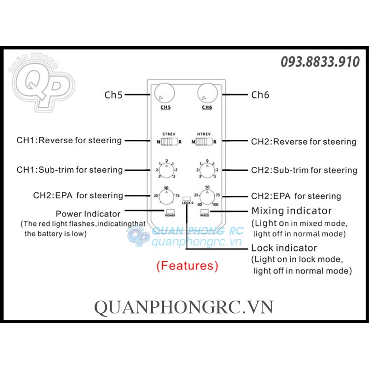 Tay Điều Khiển HotRC CT-600 2.4GHz 6CH FHSS RC Transmitter Cho Xe Và Tàu + Rx 6CH