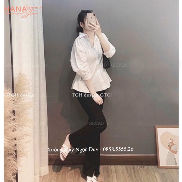 Áo sơ mi chiết eo nữ tay lỡ bồng xếp ly tôn dáng - Áo sơ mi nữ tay phồng tiểu thư bo chiết eo cổ V bẻ đi học làm công sở