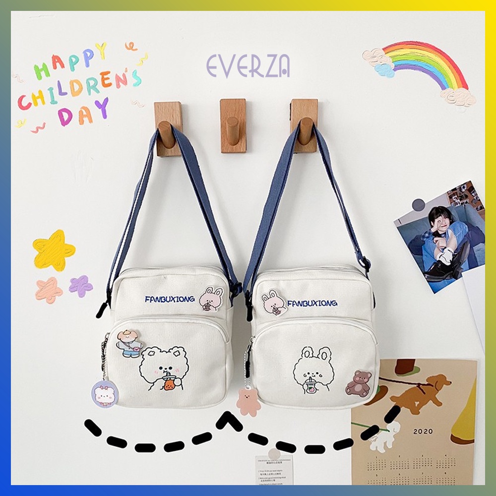 Túi Đeo Chéo Mini Vải Canvas Họa Tiết Hình Thỏ Và Gấu Siêu Dễ Thương Hai Ngăn Nhỏ Gọn Phong Cách Hàn Quốc