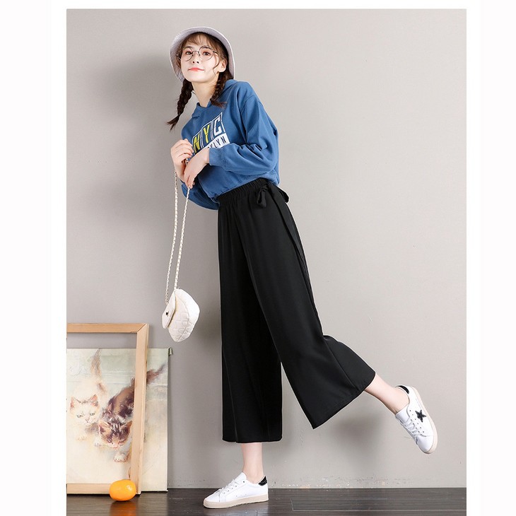 Quần Culottes cạp chun cao eo thắt dây form rộng dáng lửng thoải mái