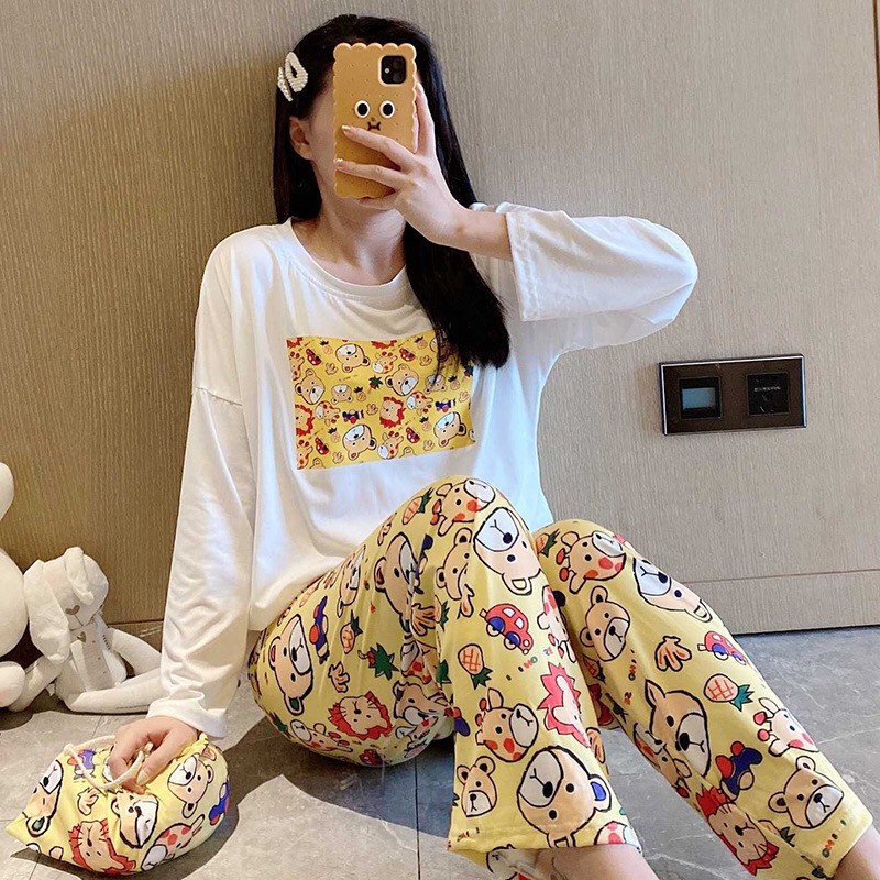 Đồ Bộ Pijama- Bộ Ngủ Dài Tay Chất Thun xuất Hàn Mềm Mại Phong cách ulzzang dễ thương