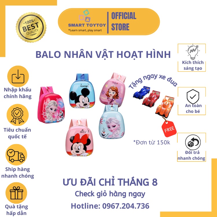 Balo mầm non cho bé Smart Toy Toy hình các nhân vật hoạt hình Elsa, chuột Mickey,Spiderman
