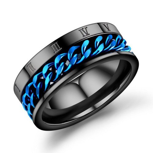 Nhẫn Nam Đen Dây Xích Xanh Có Khắc Số La Mã Titan Không Đen TT 2451