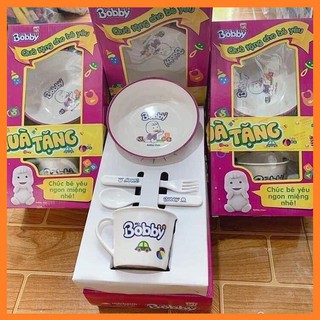 Bộ chén ăn dặm Bobby - set chén ly muỗng nĩa nhựa cho bé mẫu giáo