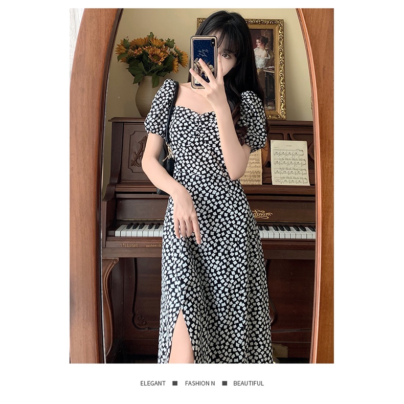 Đầm Tay Phồng Cổ Vuông Họa Tiết Hoa Thời Trang Cho Nữ