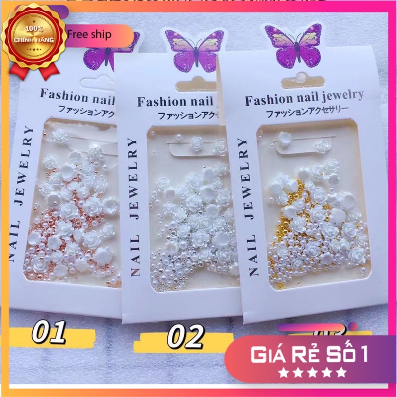 Túi charm hoa hồng trắng mẫu mới, phụ kiện nail đẹp