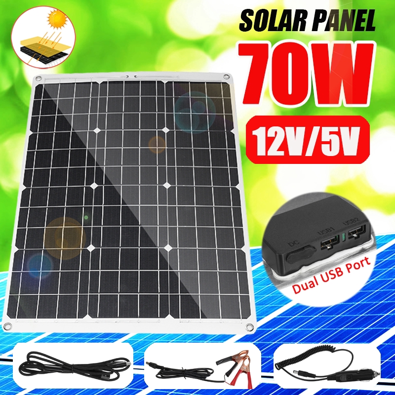 70W 12V Solar Panel Dual 5V USB Effective Batt ery for RV Car Boat Outdoor