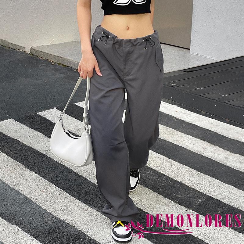 Demonlores Quần Dài Dây Rút Lưng Vừa Màu Trơn Phong Cách Đường Phố Thường Ngày Cho Nữ