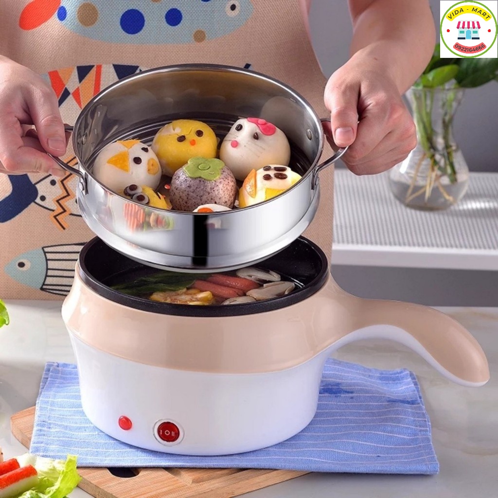 Nồi Lẩu Điện Đa Năng 2 Tầng Có lồng Hấp và Nắp Kính Cao Cấp Ca Điện Mini Nấu Mì Siêu Tốc 18cm có quai cầm dài (1001354)