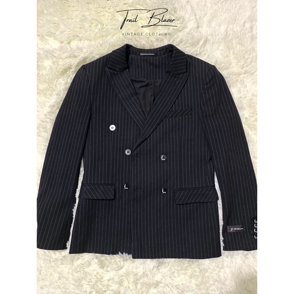 Áo Khoác Blazer Đen Kẻ Sọc Độn Vai Nam / Nữ