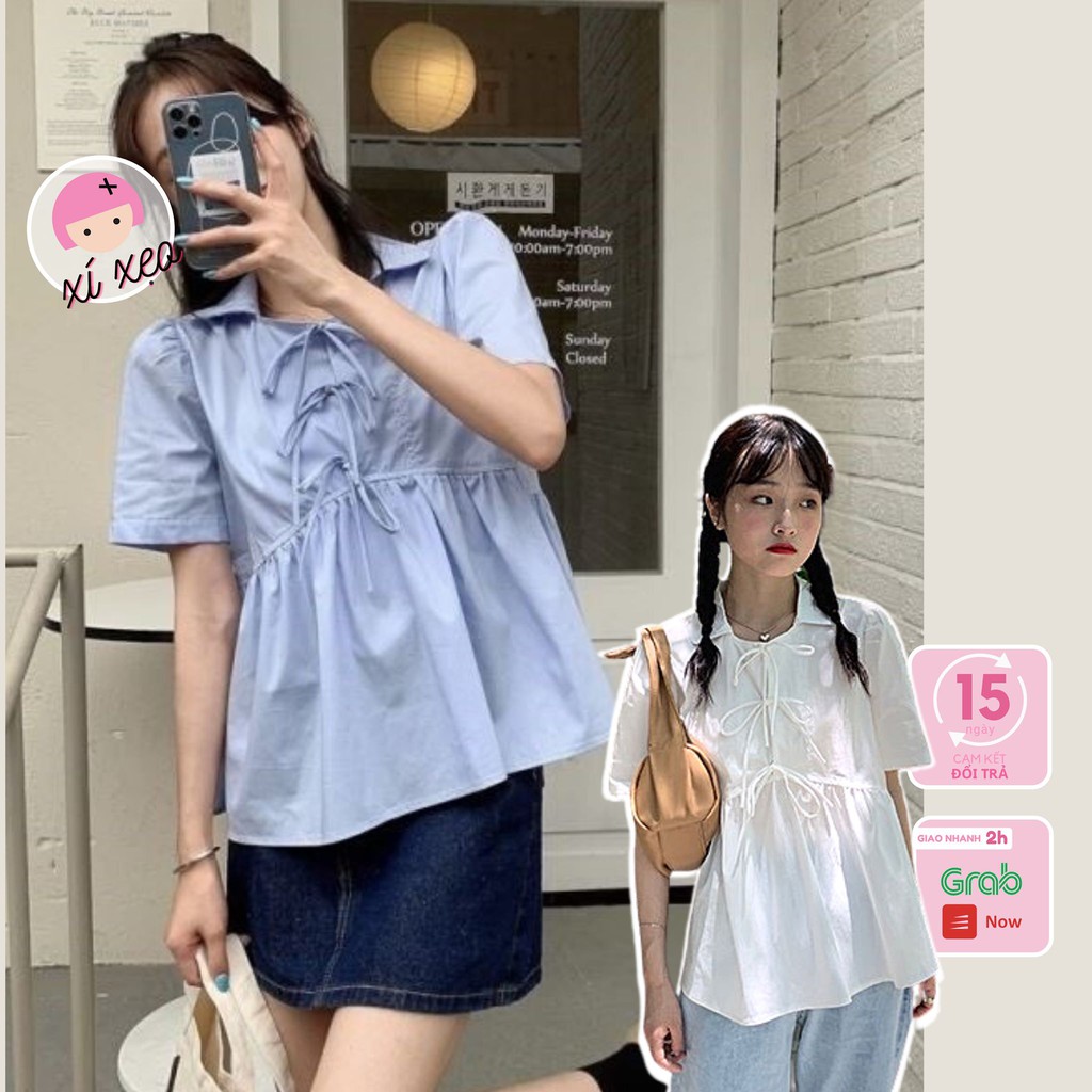 Áo sơ mi nữ trắng xanh dáng babydoll thắt nơ xinh xixeoshop - V43 | BigBuy360 - bigbuy360.vn