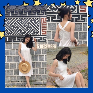 Váy đi biển maxi hai dây đan chéo lưng - Đầm trắng maxi đi biển hở lưng chất đũi mịn mát HD05